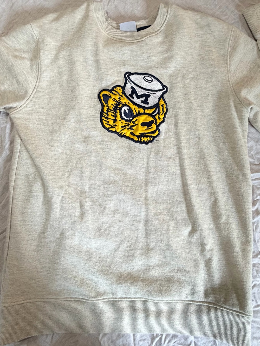 Champion Michigan Cream Crewneck Sweatshirt with Yellow Bear Patch